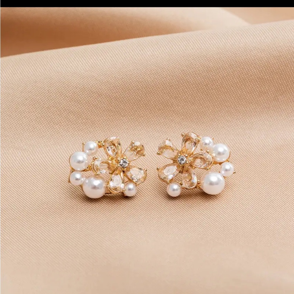 Gold Filled Floral Cubic Zirconia Pearl Earrings